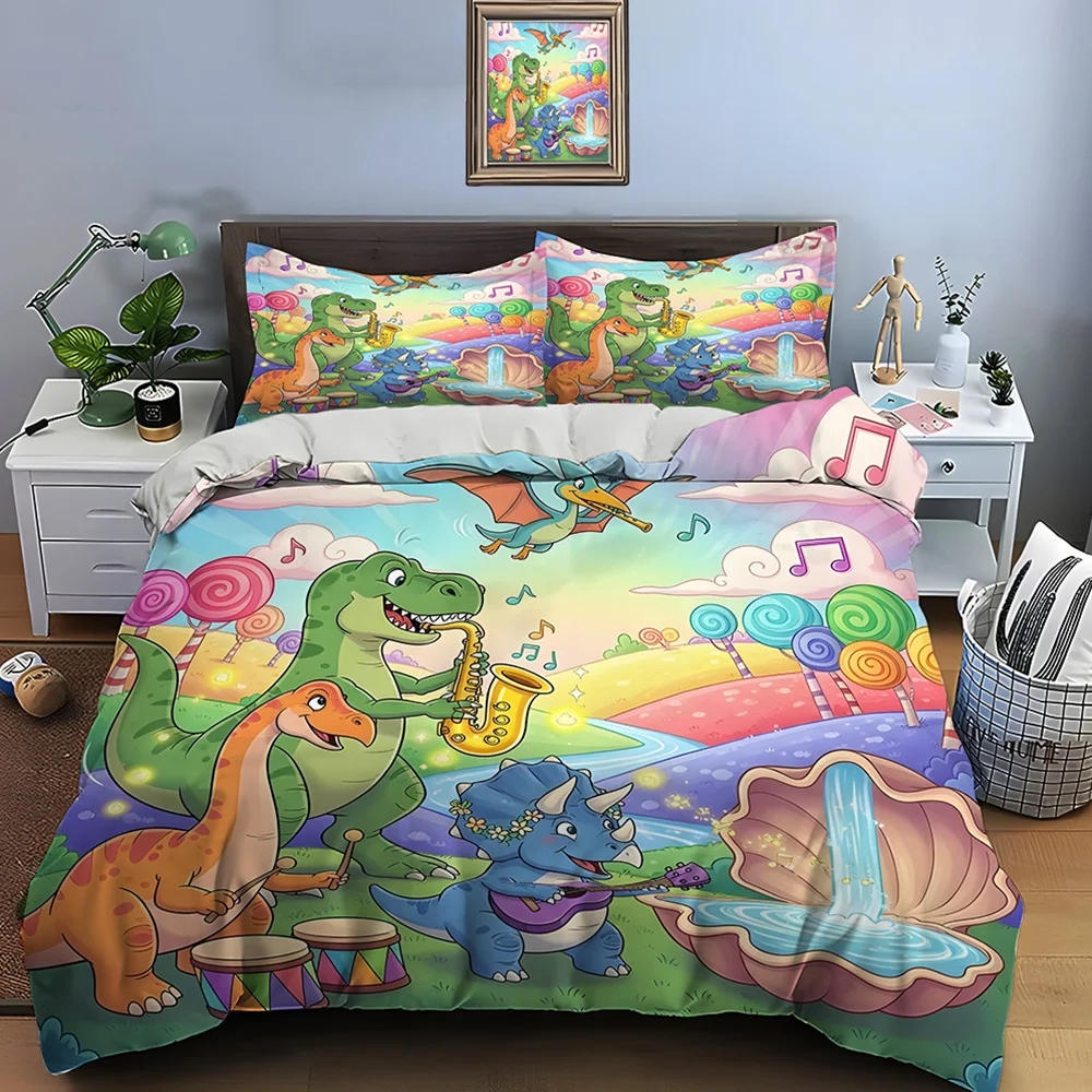 Dinosaur band playing in candy world Print Bedding Set 1 Duvet Cover 2 Pillowcases for Adult and Children Luxury Gift Full Size