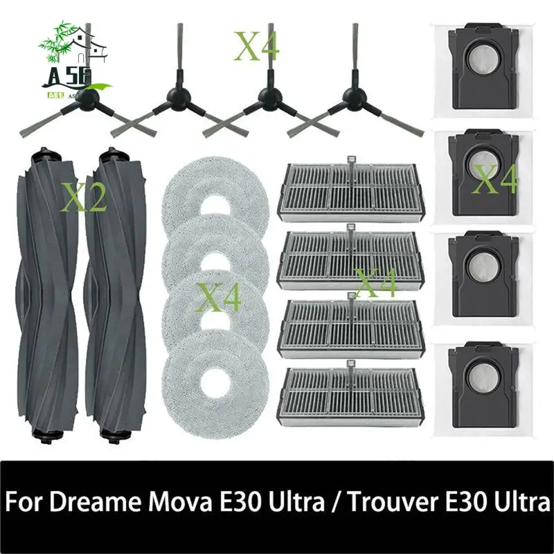 

A05E - Запчасти для робота-пылесоса Dreame Mova E30 Ultra / Trouver E30 Ultra: основной трёхроторный валик, боковая щётка, HEPA-фильтр, салфетка для влажной уборки, мешок для сбора пыли