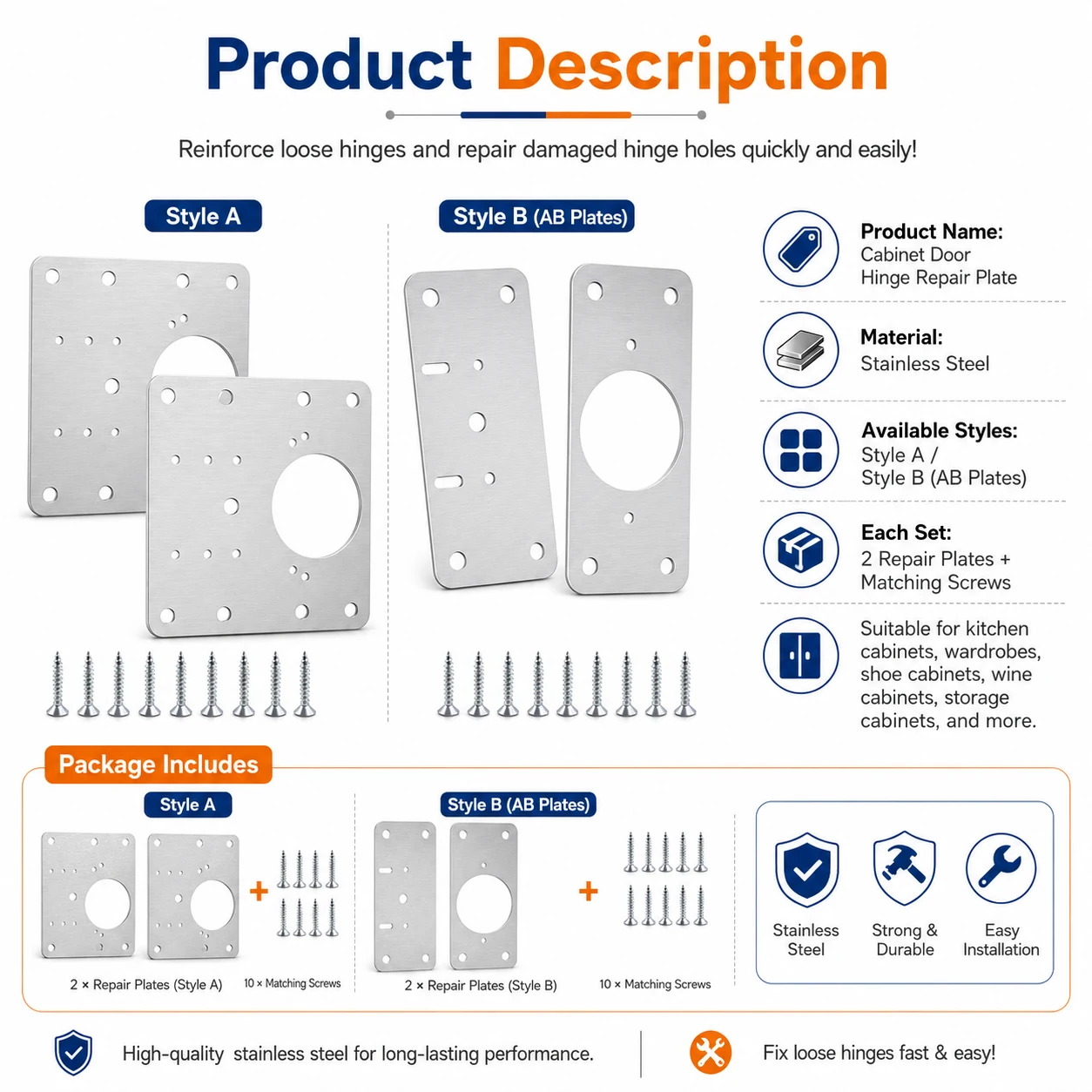 1-5Set Stainlesss Steel Cabinet Door Hinge Repair Plate Kit,Mounting Brackets with Screws for Kitchen Cupboard Furniture Hardwar
