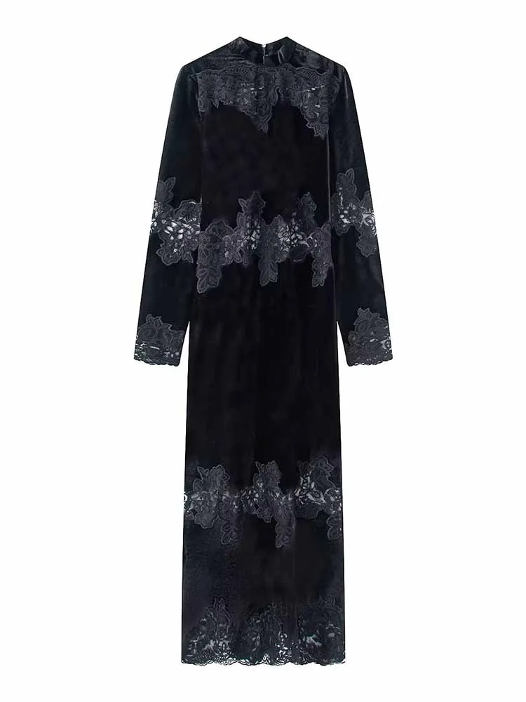 

Новое женское весеннее модное платье с длинными рукавами, круглым вырезом, кружевной отделкой и бархатной тканью, повседневное универсальное платье для женщин.