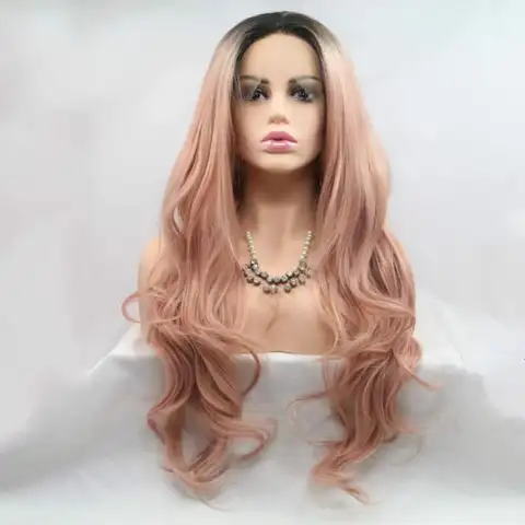 Ombe Peach Red with Dark Roots Synthetic Wigs Long Wavy Rosy Pink Lace Front Wigs Body Wave Hair Rose Gold Pink Wigs For Women