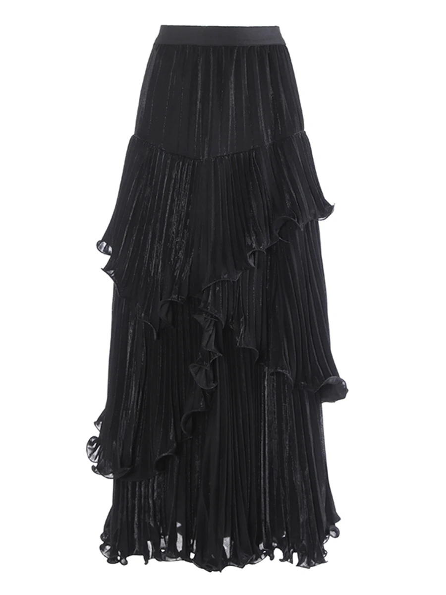 TWOTWINSTYLE Solid Spliced Ruffle Loose Skirts For Women High Waiat Minimalist Elegant Skirts Female Fashion Style Clothes New