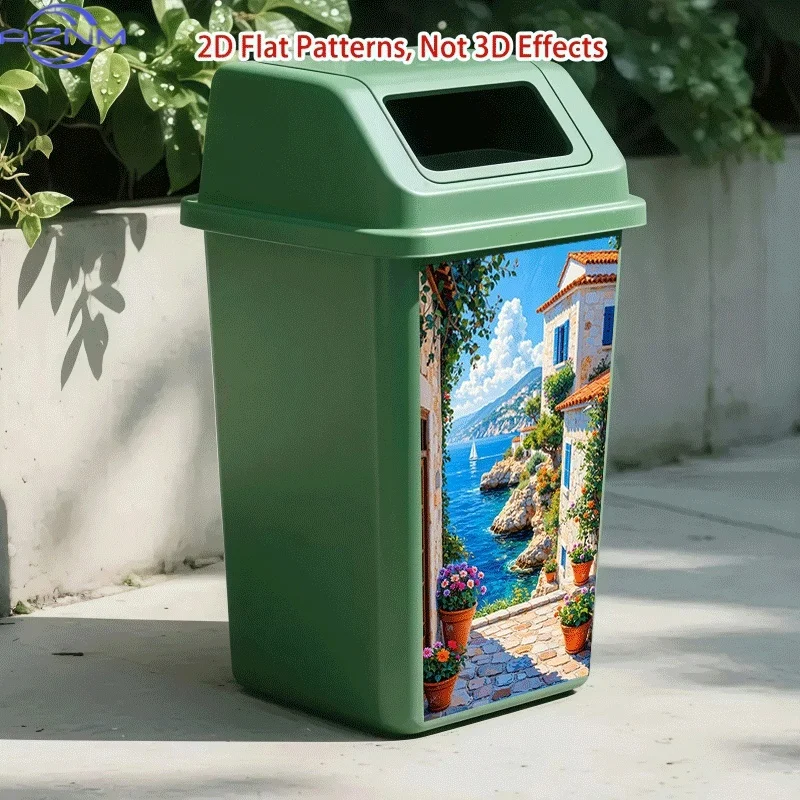 1pc of Trash Can Sticker[37×82 Cm] with a Theme Design of Blue Sea And Red Tiles, Self-Adhesive Wall Decoration Wallpaper for view 5