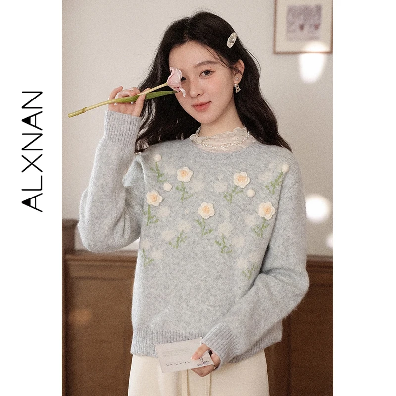 

ALXNAN Women's Winter Knit Sweater Blue 3D Flower Warm Casual Pullover Female Elegant Crew Neck Sweet Loose-fit Jumpers L59753