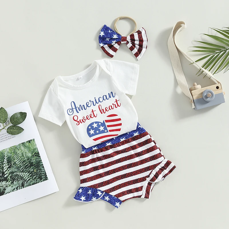 

2023-03-14 Lioraitiin 0-18M Newborn Baby Girl 3Pcs 4th of July Outfits Short Sleeve Bodysuit Ruffle Shorts Bow Headband Set