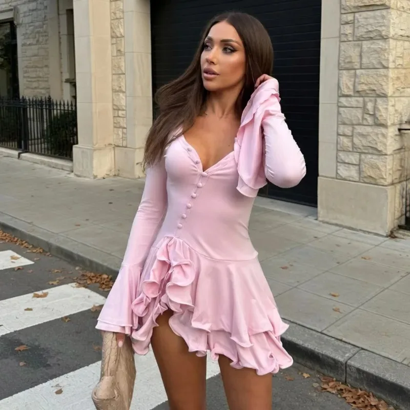 

Tuularose Fashion Ruffle Mini Dress Women Sexy V Neck Slim Ruched Summer Dress Elegant Party Chic Women's Casual Dress Vestidos