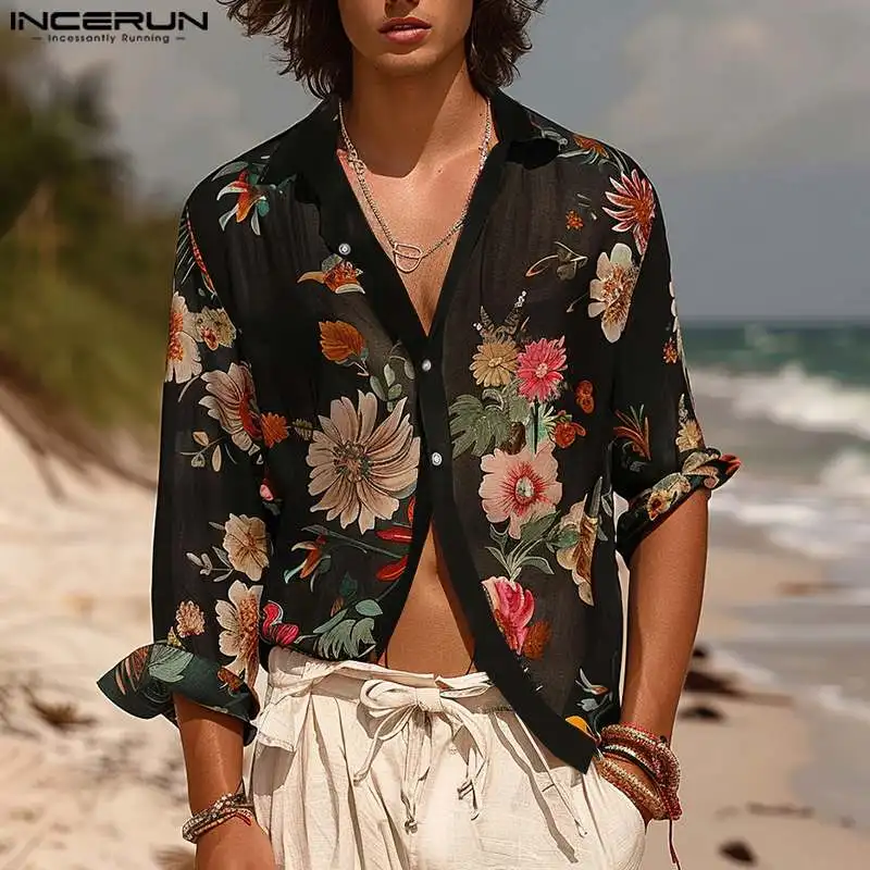 INCERUN Men Shirt Flower Printing Lapel Long Sleeve Streetwear Transparent Men Clothing 2024 Vacation Fashion Sexy Camisas S-5XL