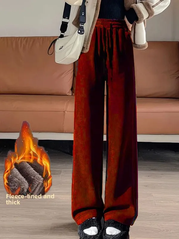 Autumn Winter Women's Fce Lined Thiened Corduroy Wide Leg Pants Casual Sle High Waist Elastic Closure Polyester Fiber