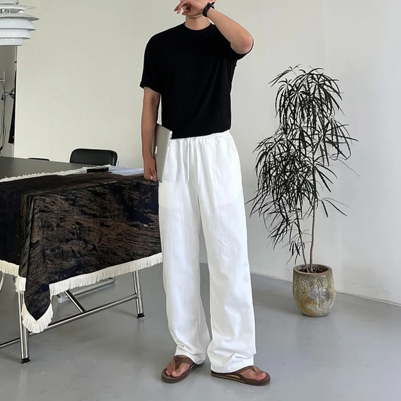 White Straight-Leg Casual Pants for Men, Summer Thin Loose Versatile Elastic Waist Wide-Leg Long Pants with a Draping Effect, Floor-Length Pants