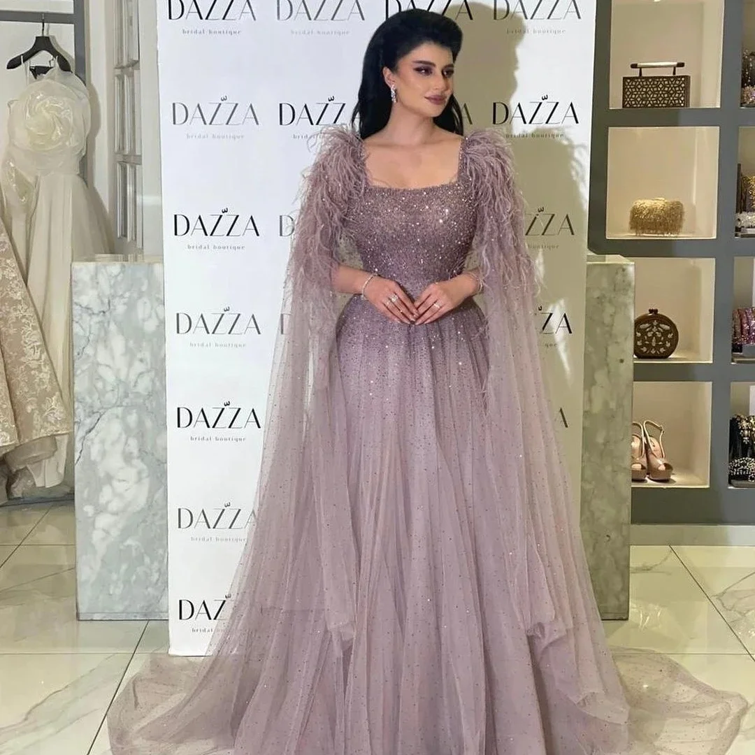 

Elegant Purple Square Collar Prom Dresses Long Sleeve Tulle Feather Wedding Party Dress Arabic A-line Women's Dress Customized