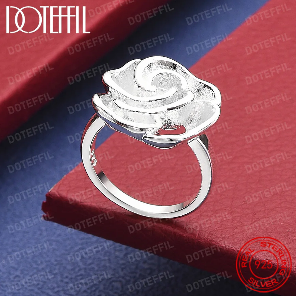 

925 Sterling Silver Rose Flower Blossoms Ring For Woman Fashion Wedding Engagement Party Gift Charm Jewelry