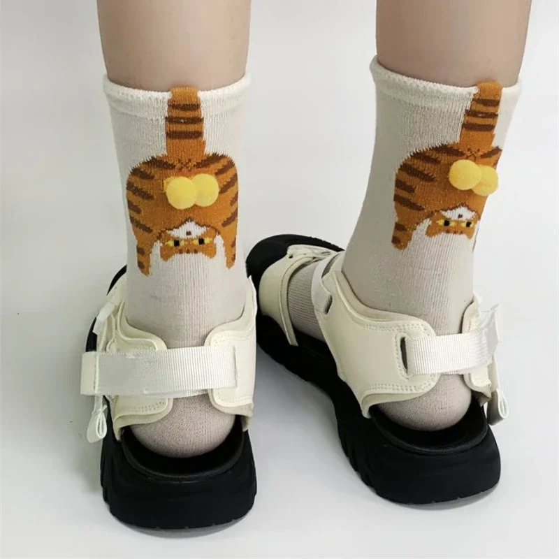 Meias fofas de ovo de gato para mulheres, meias versáteis de meia panturrilha empilháveis para todas as estações, adoráveis desenhos animados, meias de casal de gato, presente perfeito