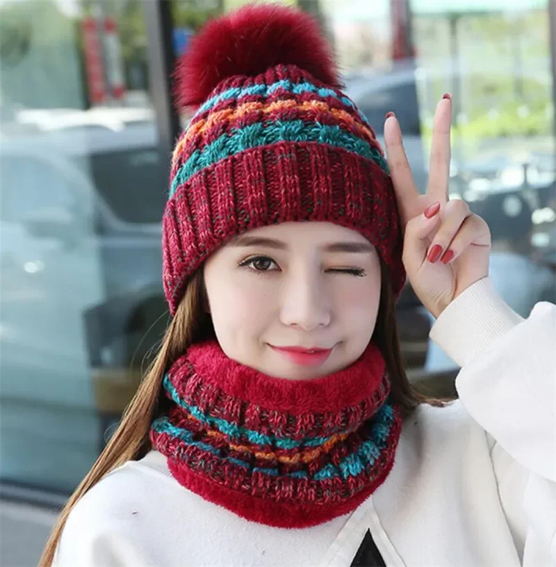 Winter Women Knitted Hat Scarf Set Girls Woman Warm Beanies Plush Hat And Ring Scarf Mix Color Female Lady Pom Pom Cap Scarves