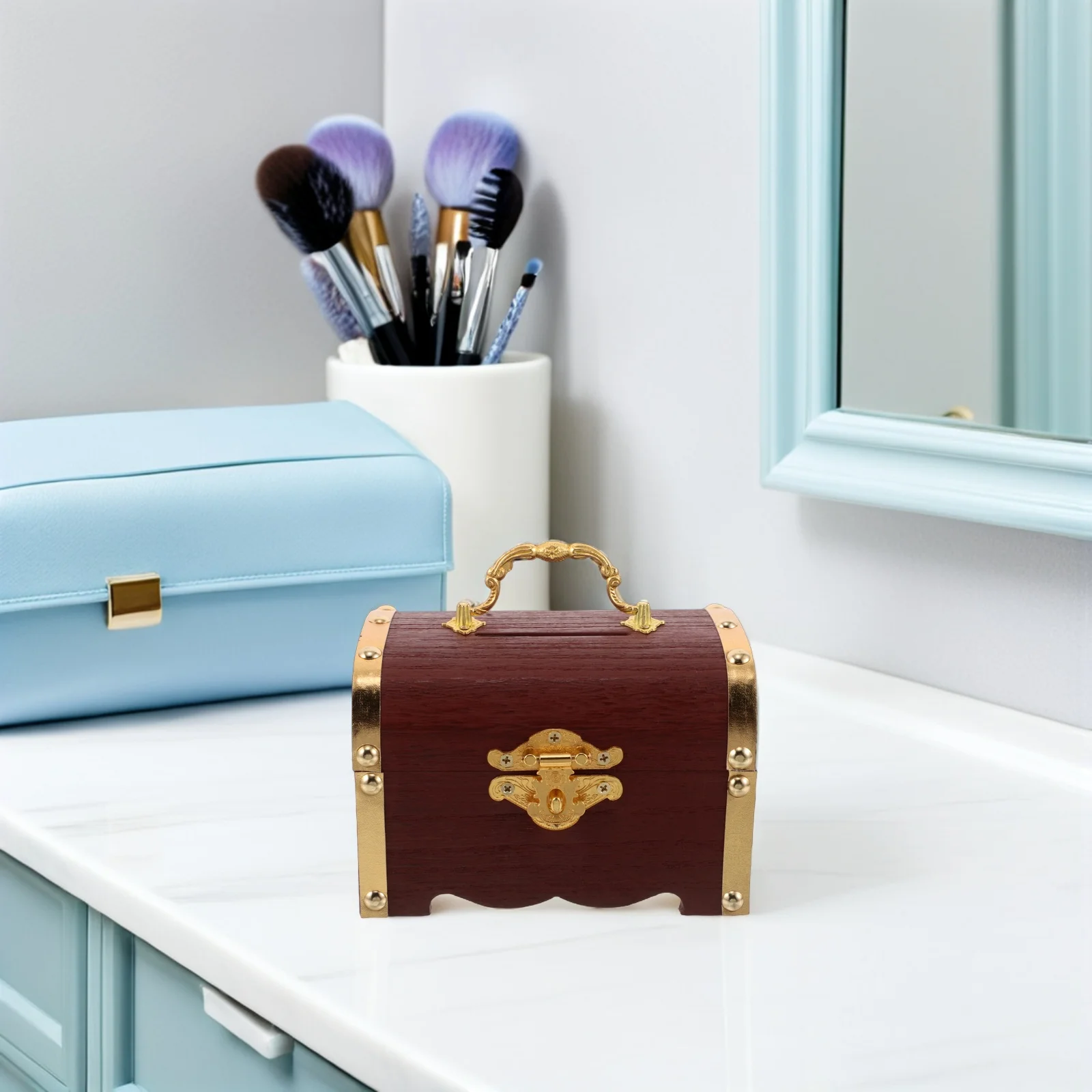 

Wooden Retro Treasure Chest Vintage Jewelry Storage Box Lock Keepsake Organizer Pirate Small Storage Box Decorative Case