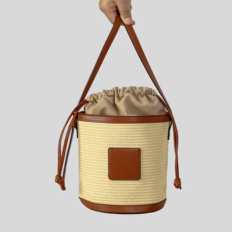 

2025 Fashion Designer Straw Bucket Bag Tote Lady Handbag Patchwork Weave Women Crossbody Shoulder Bags Casual Summer Beach Bag