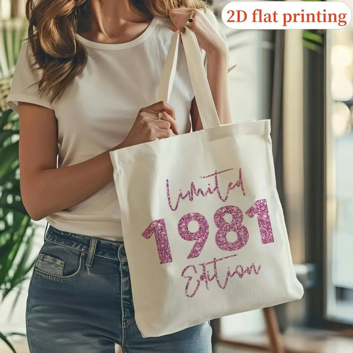Vintage 1981 Limited Edition Glitter Number Tote Bag - 80s Retro White A2 Shoulder Bag for &, University, Beach Trips, Casual Ha