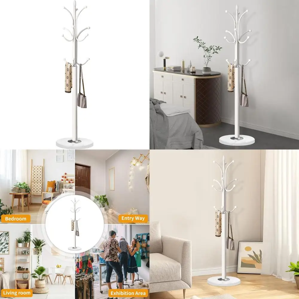 

Elegant Freestanding Coat Rack with Natural Marble Base and 12 Hooks for Stylish Entryway Storage