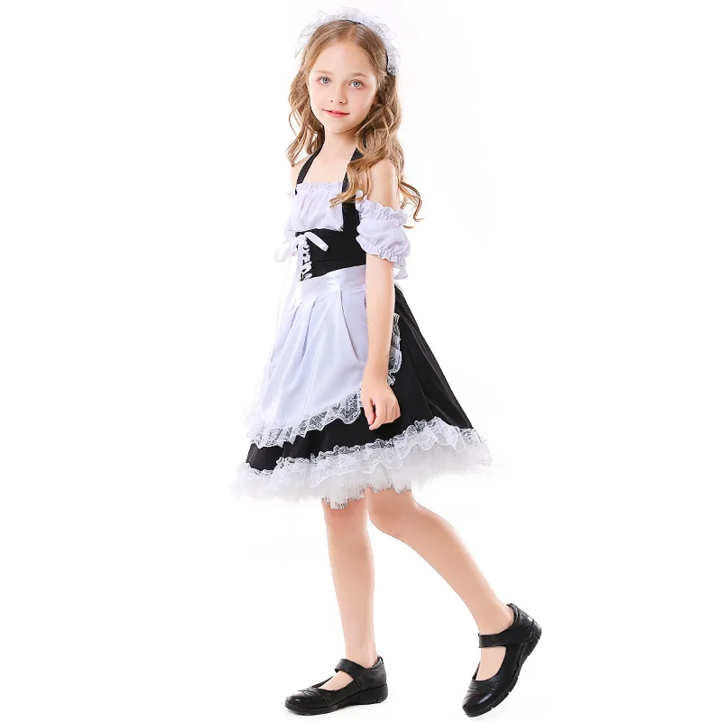 Kids Child Lovely Maid Cosplay Costume for Girls Lolita Black White Halter Dress Fantasia Halloween Costumes