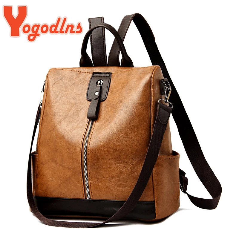 Yogodlns Vintage PU Leather Backpack Women Big Capacity Travel Backpack Teenager School Bag Female Business Knapsack Luxury Bag