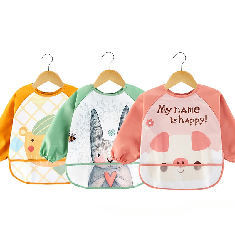 Cartoon New Cute Bibs Children Baby Kids Toddler Waterproof Long Sleeve Art Smock Feeding Bib Apron Fit 1-7 Years Baby Stuff