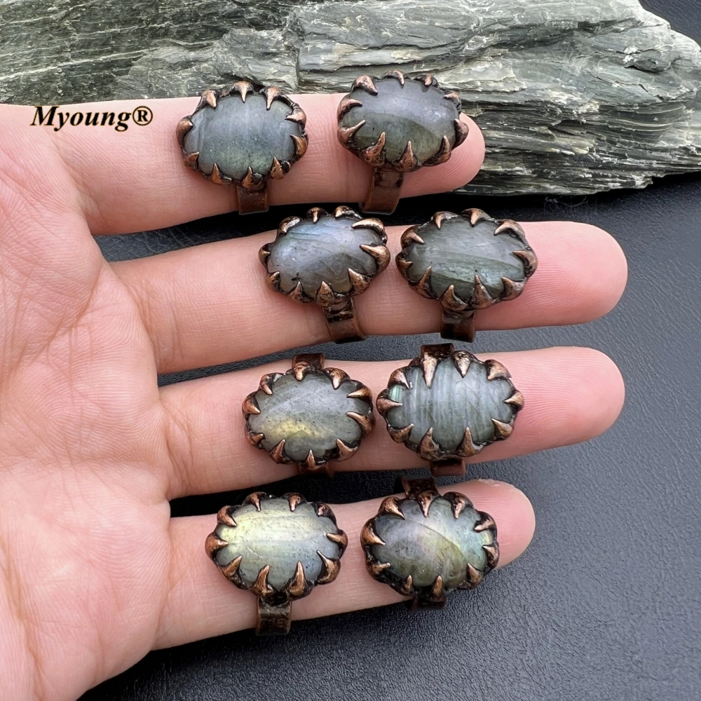 

10PCS Metal Spiky Y2K Jewelry Natural Oval Labradorite Moonstone Adjustable Rings For Women MY231110