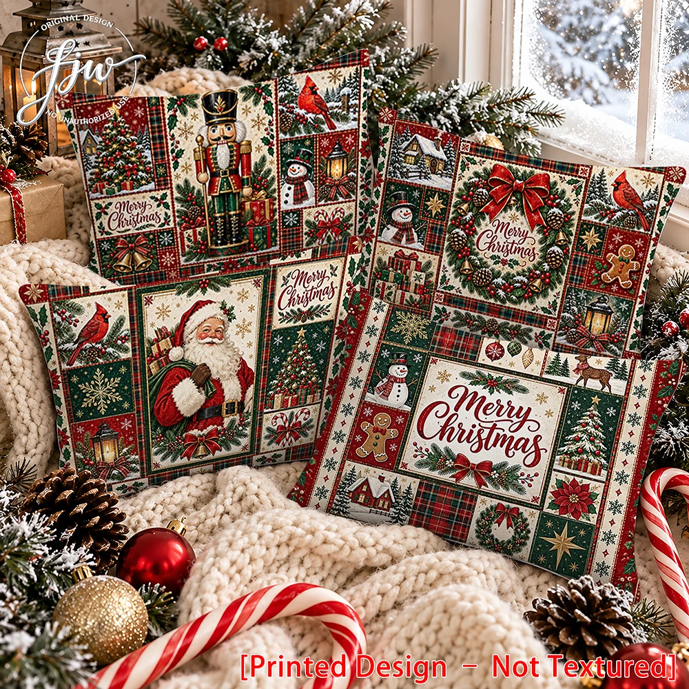 4pc Christmas Vintage Patchwork Throw Pillow Covers , Retro Holiday Home Decor Cushion Cases for Sofa Couch