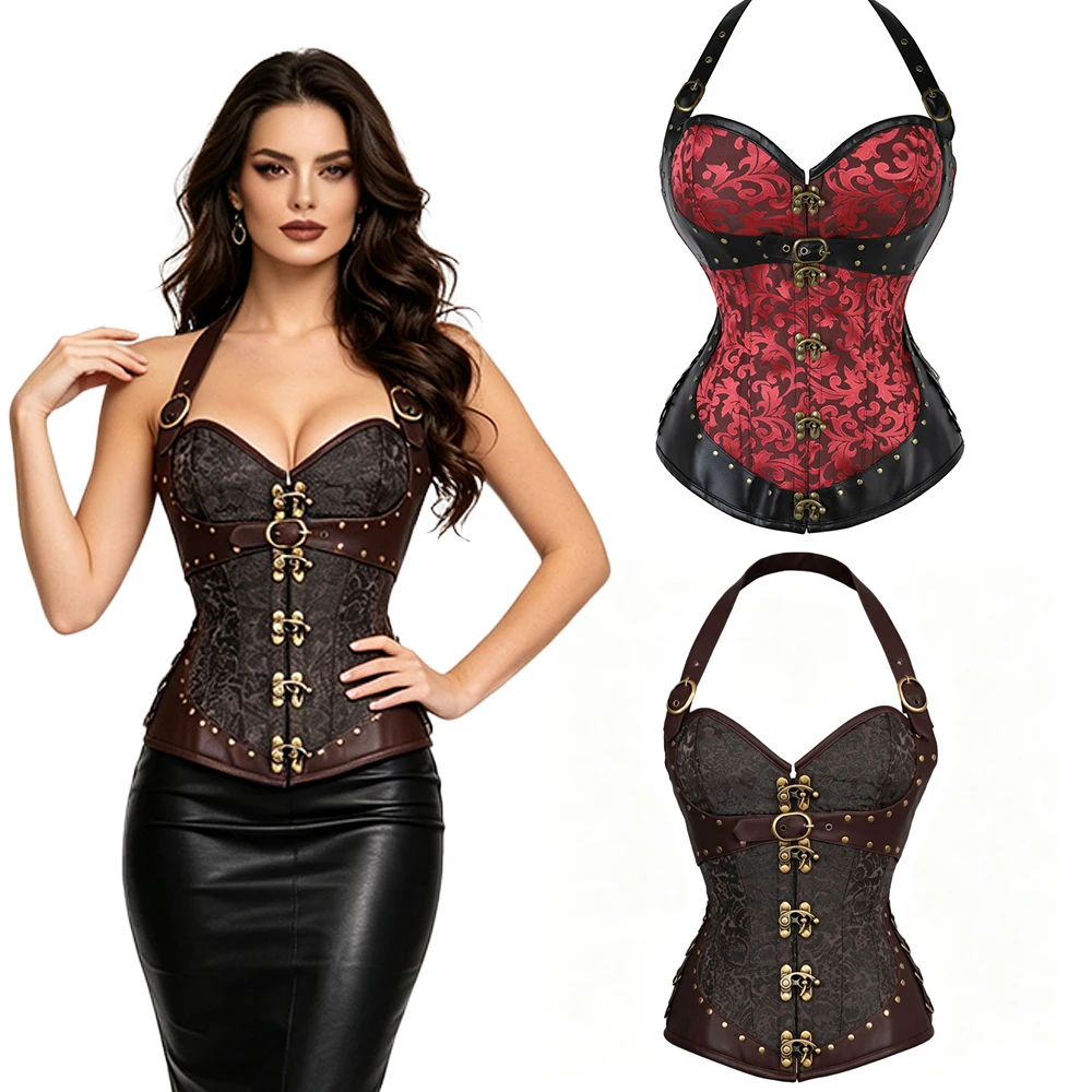 Women Corset Victorian-Style Court Gothic Costume Shaping Corset with Neck Strap and Button-Up Corset Bustiers Top Shapewear