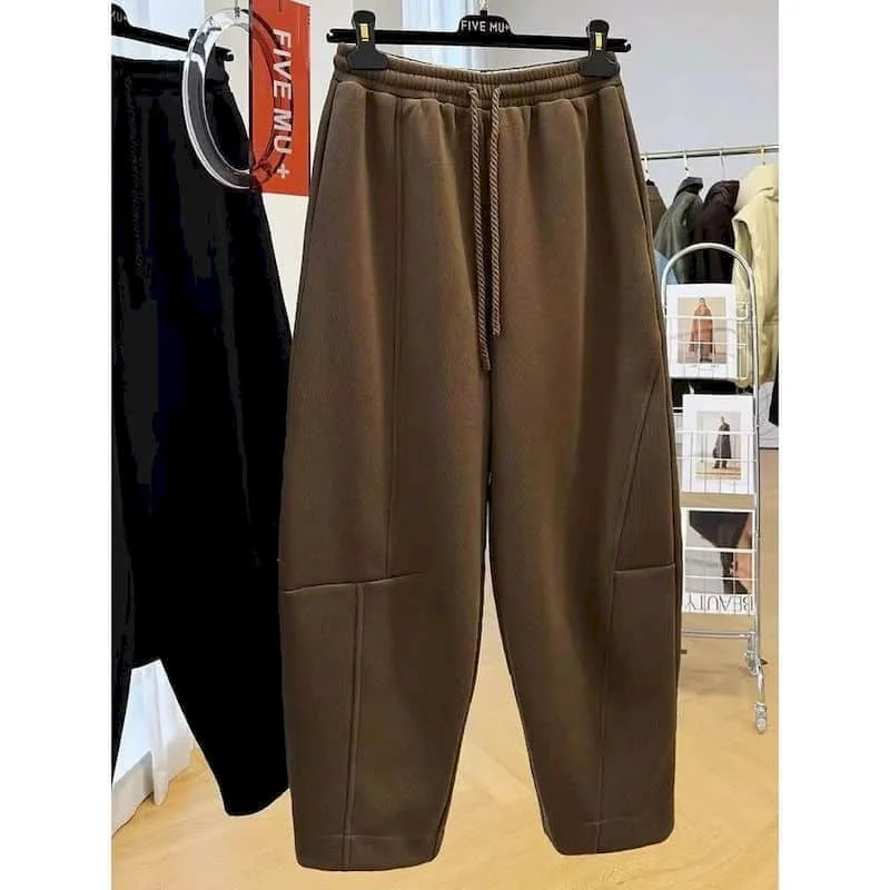 Cargo Pants Winter Korean Style Drawstring Elastic Waist Velvet Thicken Trousers Streetwear Women Clothing Casual Harem Pants