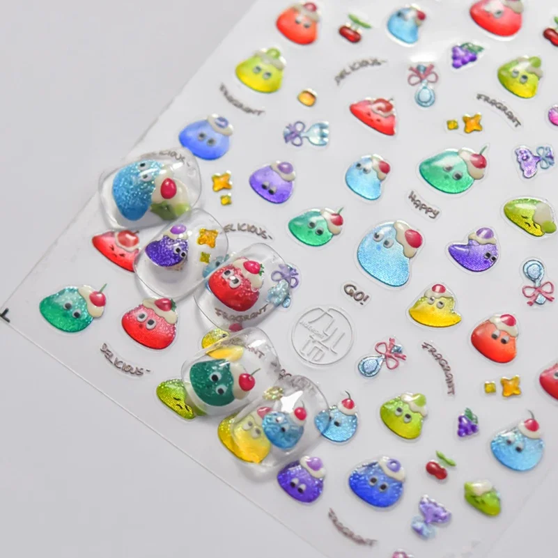 Gelei Pudding Kersen Grappige Ogen Fruit Voedsel Geboord Kat Glanzende Liefde Hart Cartoon Taart Koek Reliëf Nail Art Sticker Manicure Sticker