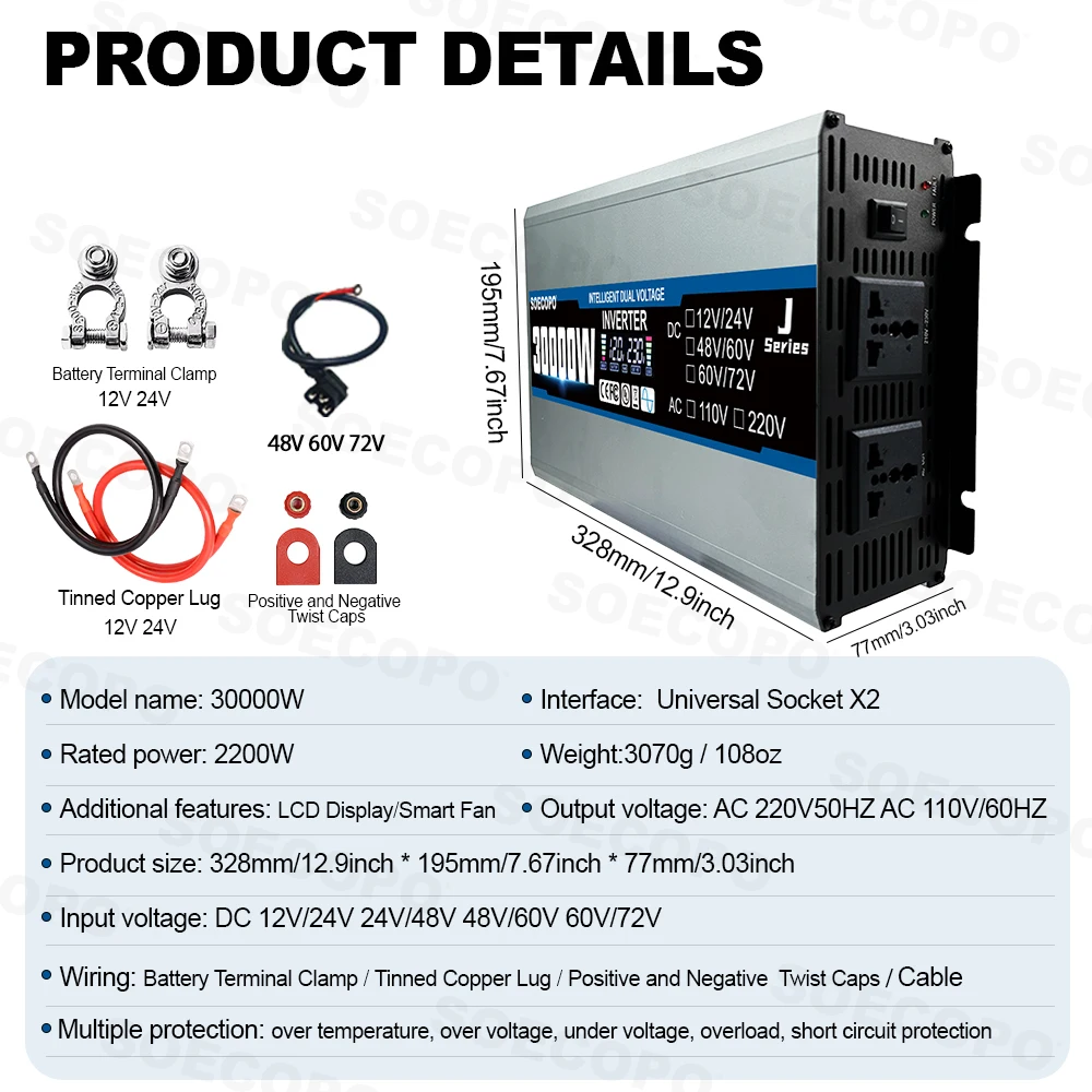 SOECOPO 30000W Car Smart Solar Inverter Dual Voltage Input DC 12V/24V 48V/60V 72V to AC 110V/220V for Home And Camping RV