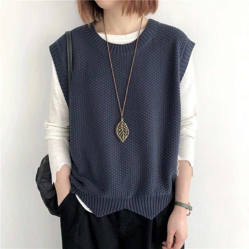 One Size Knitted Vest Women\'s Sleeveless Vest Round Neck Early Autumn Irregular Pullover Top Layered Over Western Style Sweater