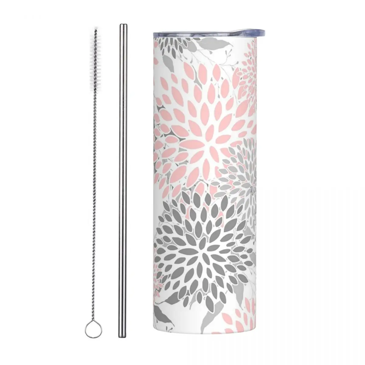 Floral Leaves And Blooms, Pink, Gray And White Stainless Steel Tumbler Insulated Mugs Thermal Cold Cups Straw With Lid 20oz
