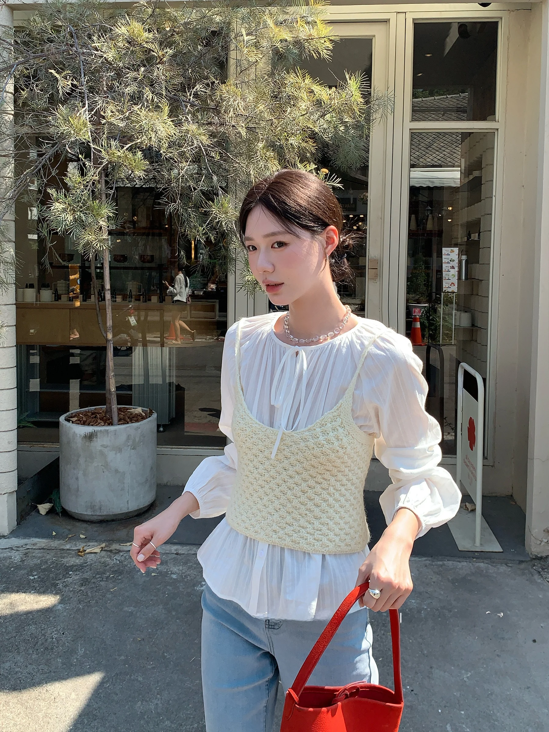 

DH Large Flower Light Jasmine 00 Cotton Early Spring Korean Waist Cinching Pleated Design Emed Texture Women's irt