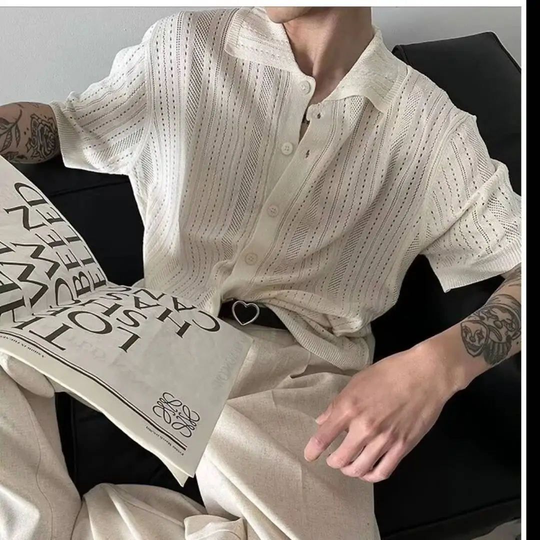 

Men's White Black Shirt Retro Hollow Out Lapel Short Sleeve Knit Shirt Stylish Loose Lazy Lace Shirt Cardigan Top