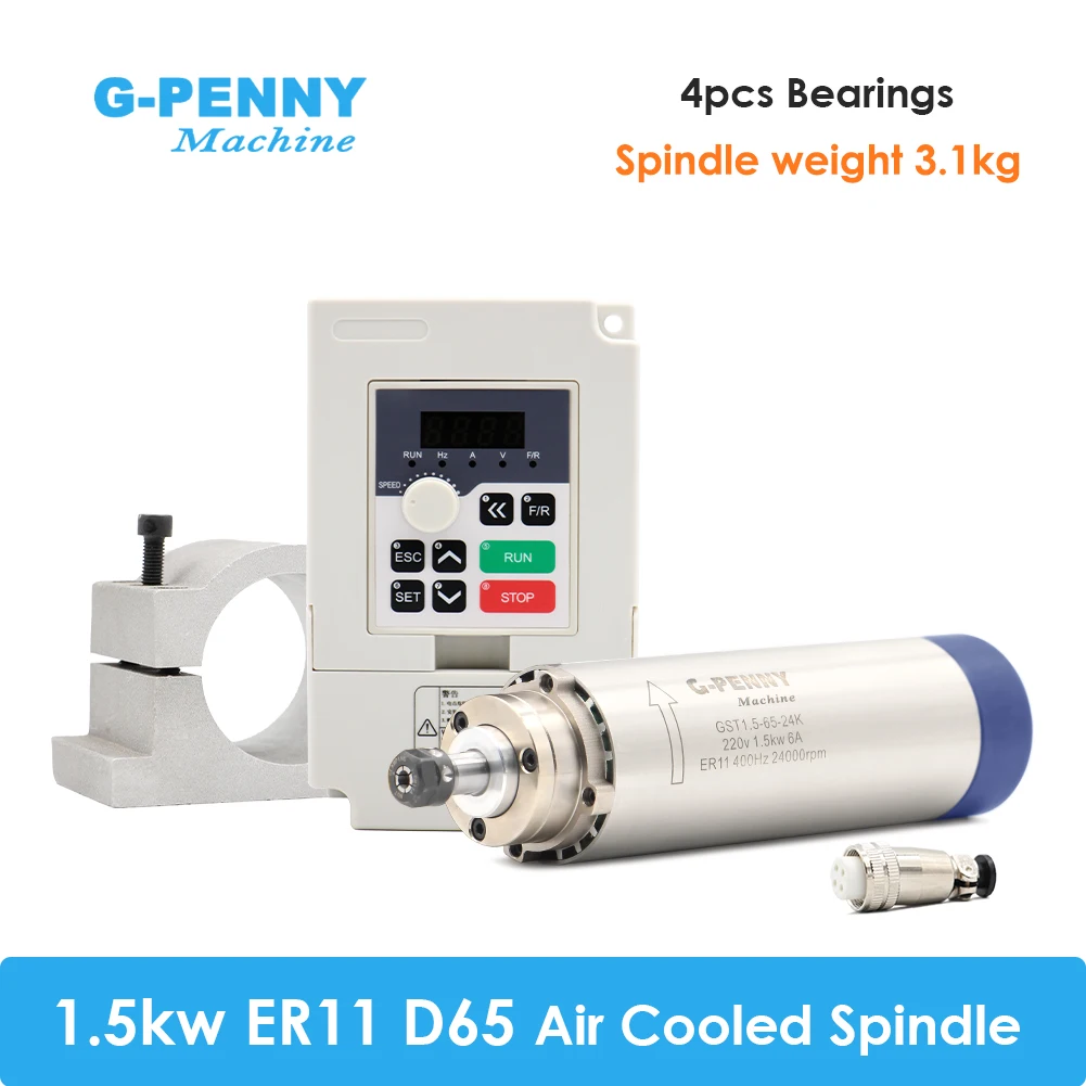 

G-Penny 1.5kw ER11 65x204mm 220v Air Cooled Spindle 4 pcs Bearings & 1.5kw VFD & 65mm bracket / holder