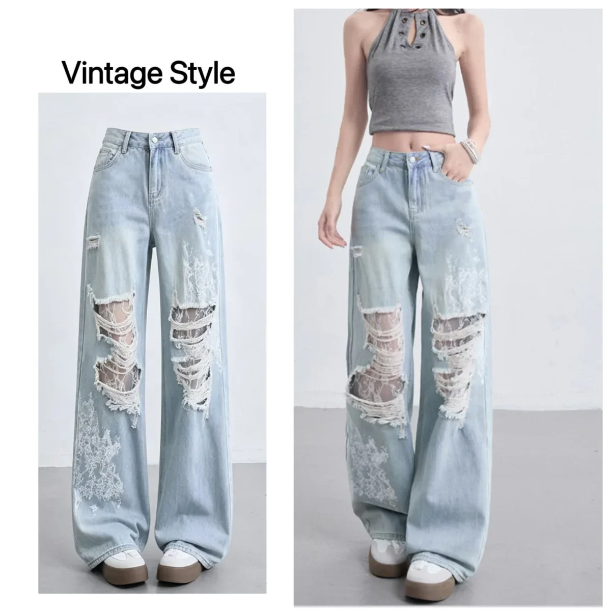 Summer Women's Jeans Large Hole Patchwork Lace High Waist Wide Legs Trousers Cool Girl Female Denim Pants Casual Bottoms New