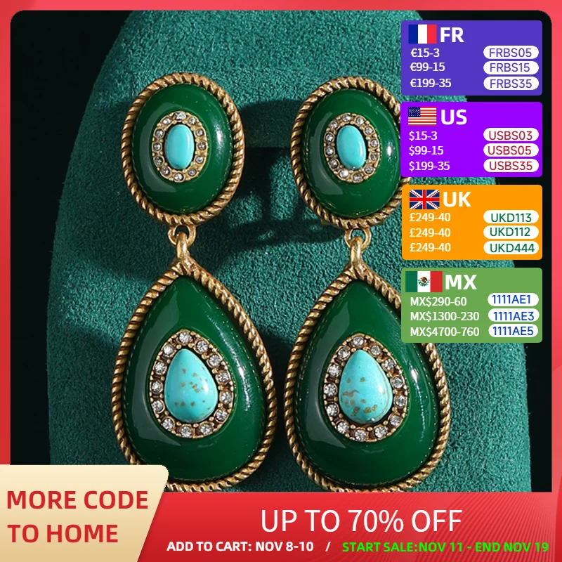 

Vintage Emerald Green Pendant Earrings Stone Water Drop Antique Jewelry Inlaid with Rhinestones for Woman Accessories Luxury