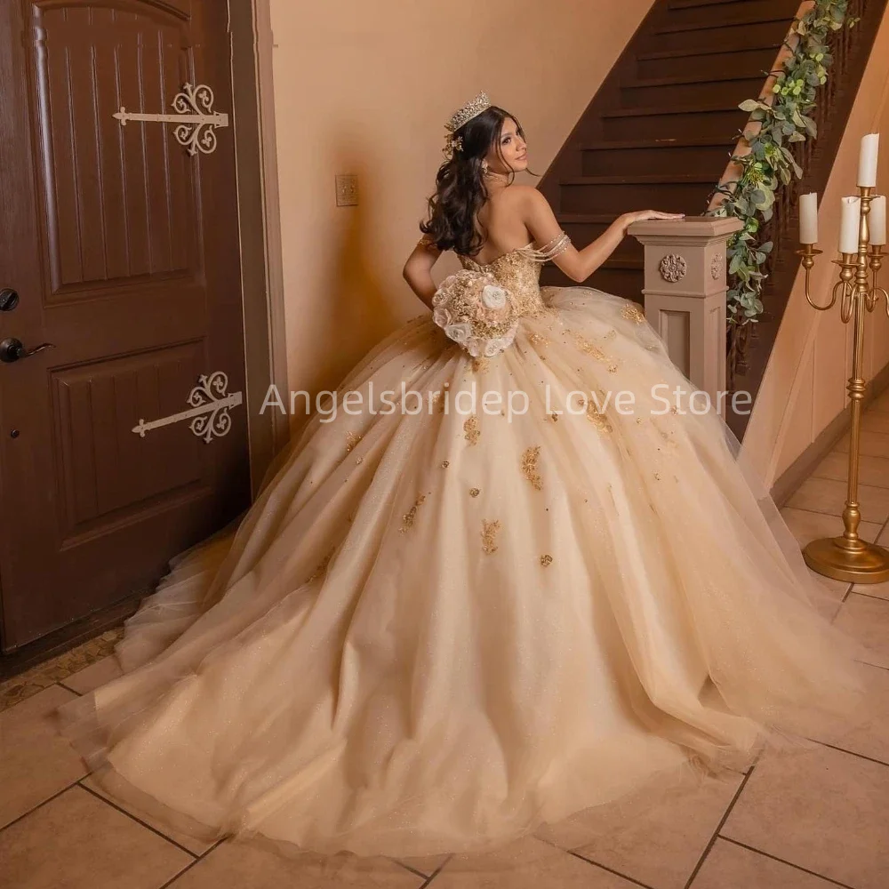 Angelsbridep Personalizzato Champagne Ball Gown Quinnceanera Abiti Per 15 Anni Appliques Donne Brithdat Party Abiti De Fiesta