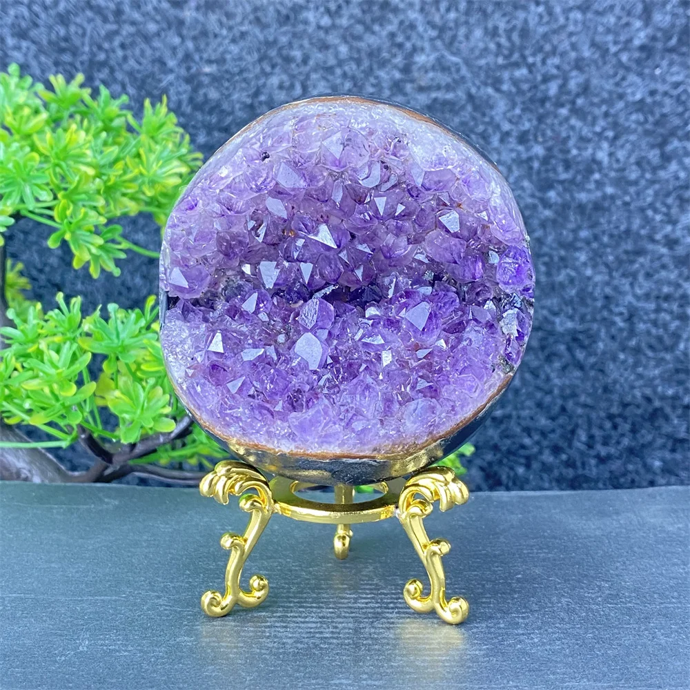 Natural mineral amethyst geode smiles, Feng Shui, fortune, divination crystal ornaments, home decoration + base