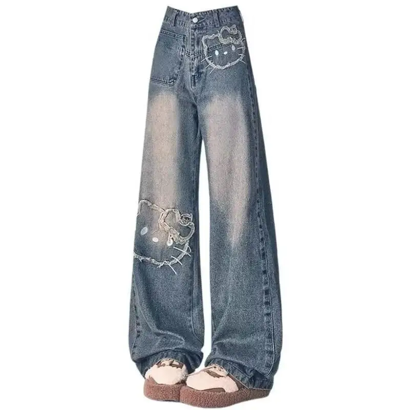 

Джинсы Y2K Sanrio Hello Kitty с вышивкой, женские, для студентов, летние, в китайском стиле, трендовые, ретро, с мультяшным принтом, широкие, прямые штанины