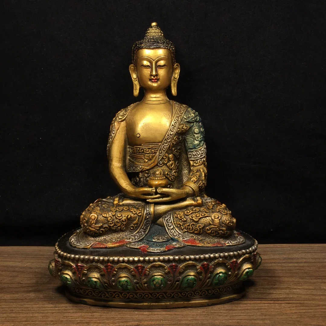 

Old Tibet Tibetan Buddhist Bronze painted Shakyamuni Buddha Statue