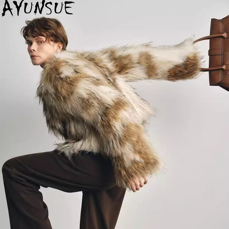 Abrigos de Piel de Mapache AYUNSUE para Mujer, Chaqueta Corta con Cuello de Piel de Zorro, Abrigo de Piel Elegante y de Lujo, Ropa de Mujer para Invierno