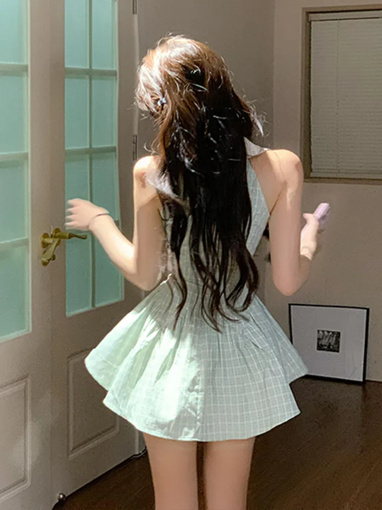 Vestido mullido de princesa de talla grande para niña, minivestido sin mangas con cuello Halter y agradable arco, estampado a cuadros, cintura delgada, sin mangas