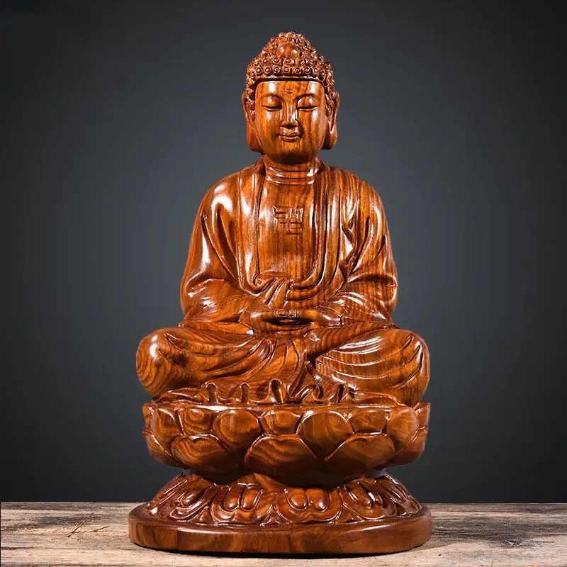 6inch Wooden Shakyamuni Statue Safflower Solid Wood Black Sandalwood Wooden Buddha Statue Home Feng Shui Decoration