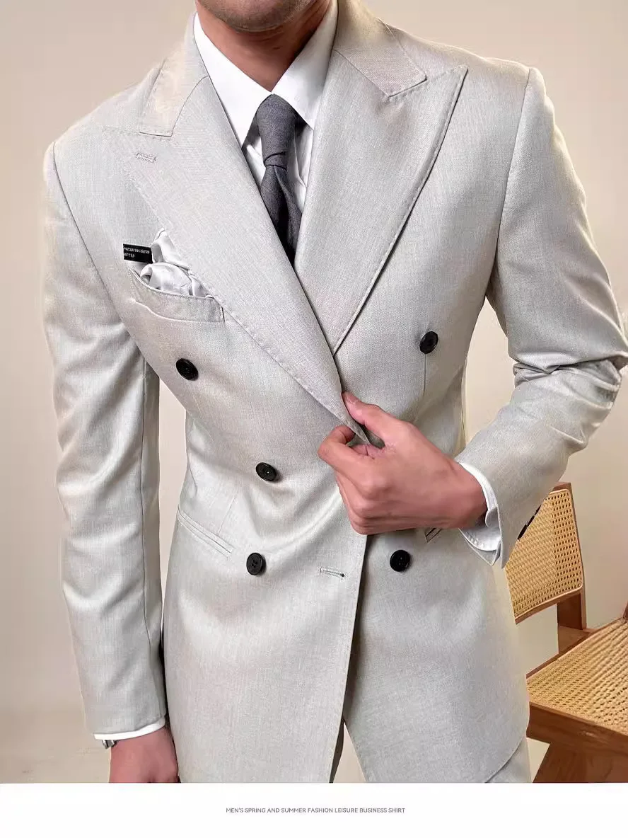 فاخر رمادي مزدوج الصدر صالح البدلة رجالي 2 قطعة مجموعة أنيقة السترة مأدبة الزفاف دعوى ملابس الأعمال تخصيص