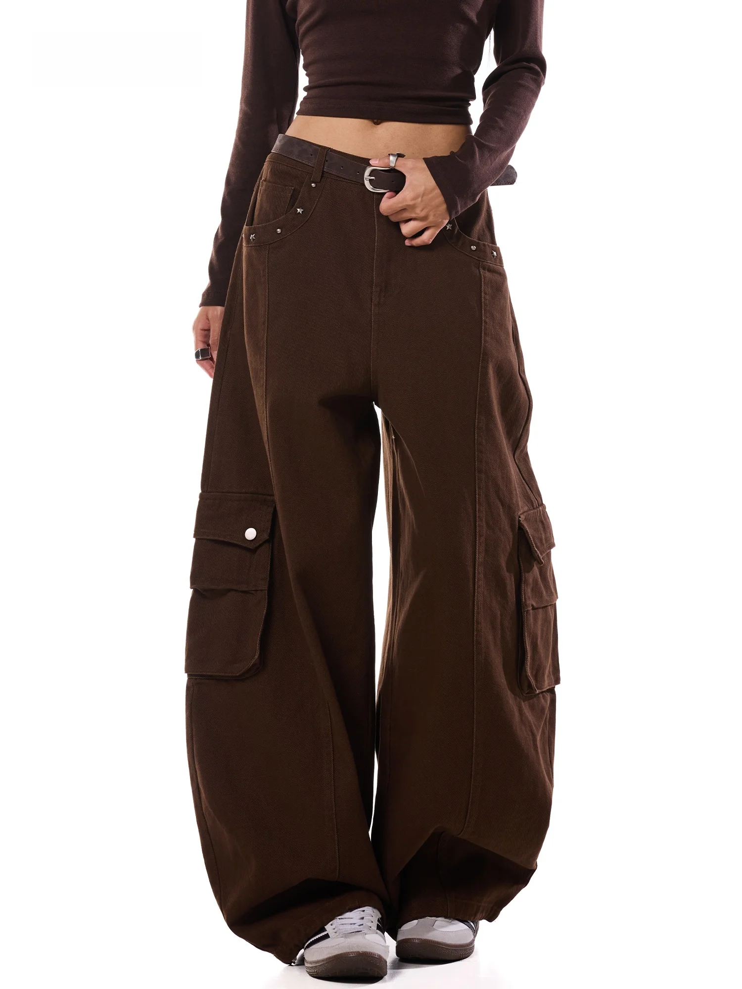 American Style Casual Cotton Work Pants Women's Loose Wide Leg Pants with Rivets Comfortable Slimming Autumn Fashion