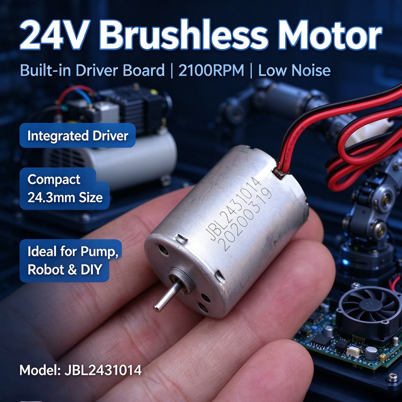 24V DC Brushless Motor Built-in Driver Board 2100RPM 24.3mm JBL2431014 Micro BLDC Motor Low Noise for Pump Robot DIY Automation