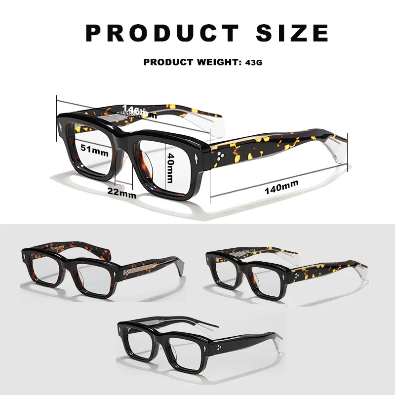 Square Vintage Retro Tortoise Acetate Glasses Frames Designer Brand Fashion Optical Men's Women Myopia Reading Eyeglasses 146mm