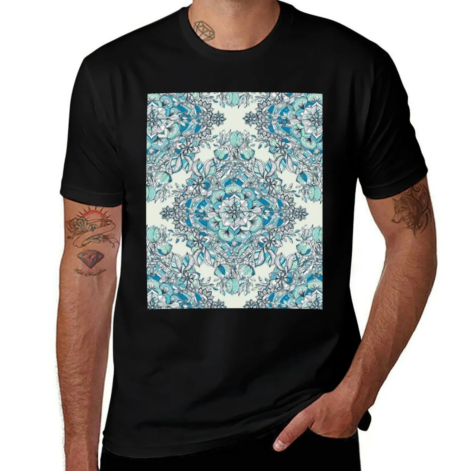 Floral Diamond Doodle in Teal and Turquoise T-Shirt Holiday Casual Short Sleeve Top T-Shirt