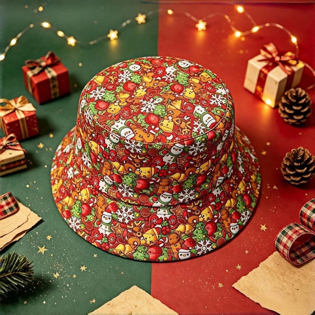 Gingerbread Reindeer Snowman Xmas Print Bucket Hat Men Women Light Fisherman Sun Cap Winter Holiday Party Outdoor Christmas Gift